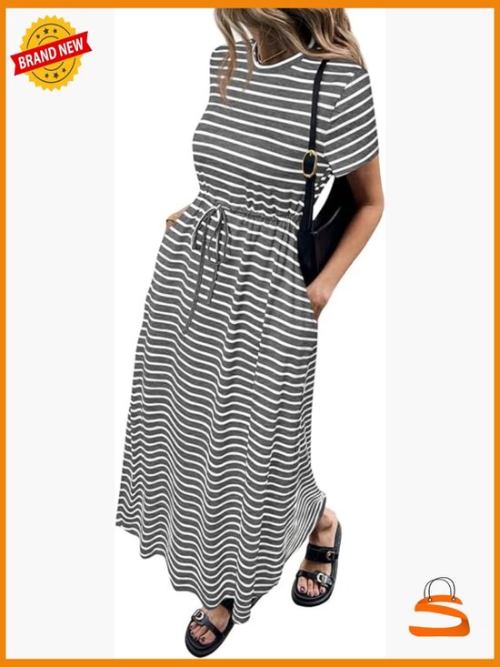 Dresses & Skirts - Women's Maxi Dress Short Sleeve Striped Drawstring Waist Loose Fit T-Shirt Dress
